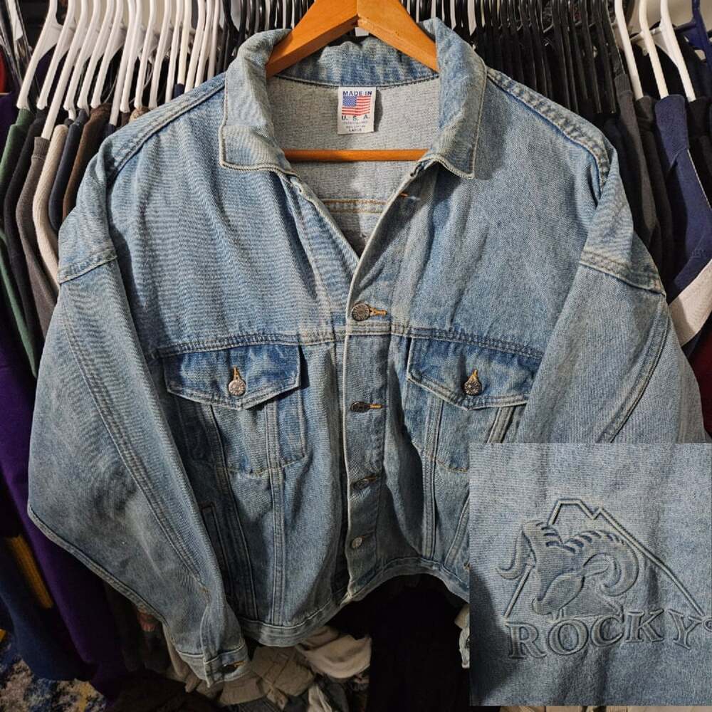 Rocky Denim Jacket Embossed Logo Size Large Vintage USA Made